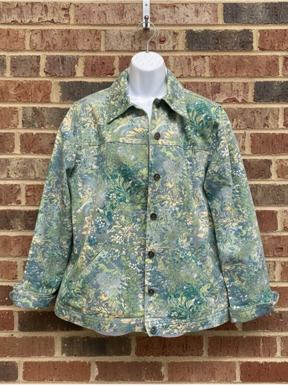 Tanjay Green Floral Botanical Cotton Jean Jacket - Size M